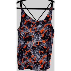 Topshop Womens Tank Top 8 Gray Orange Palm Leaf Printed V Neck Strappy Tropical